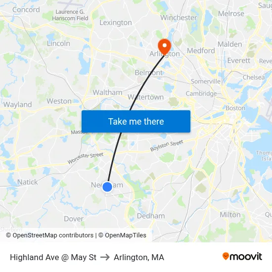 Highland Ave @ May St to Arlington, MA map