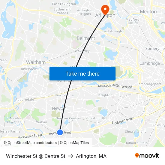 Winchester St @ Centre St to Arlington, MA map