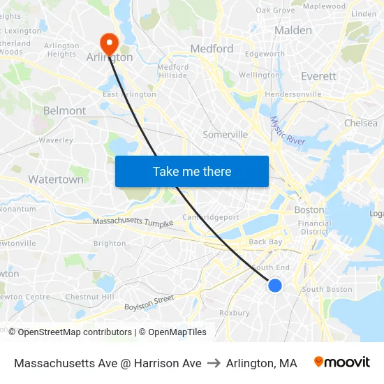 Massachusetts Ave @ Harrison Ave to Arlington, MA map