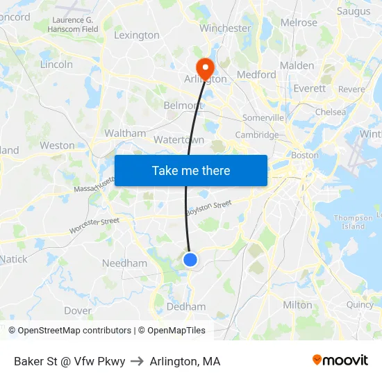 Baker St @ Vfw Pkwy to Arlington, MA map