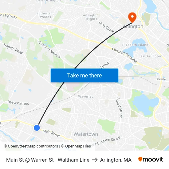 Main St @ Warren St - Waltham Line to Arlington, MA map