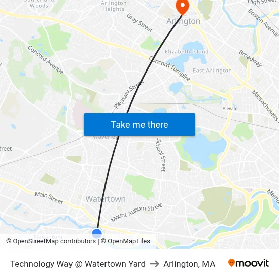 Technology Way @ Watertown Yard to Arlington, MA map
