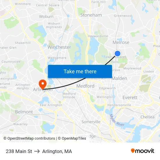 238 Main St to Arlington, MA map