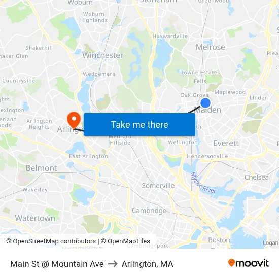 Main St @ Mountain Ave to Arlington, MA map