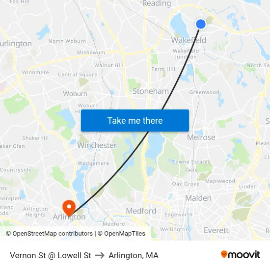 Vernon St @ Lowell St to Arlington, MA map