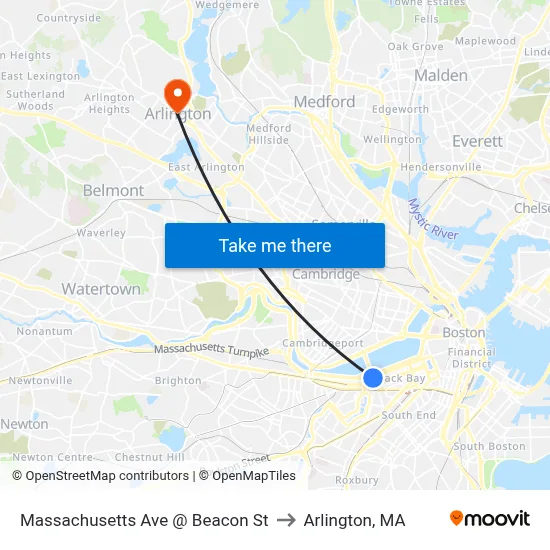 Massachusetts Ave @ Beacon St to Arlington, MA map