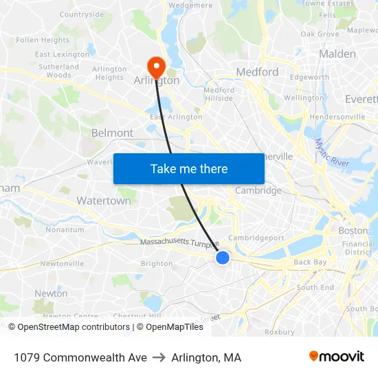 1079 Commonwealth Ave to Arlington, MA map