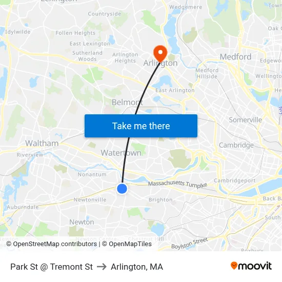 Park St @ Tremont St to Arlington, MA map
