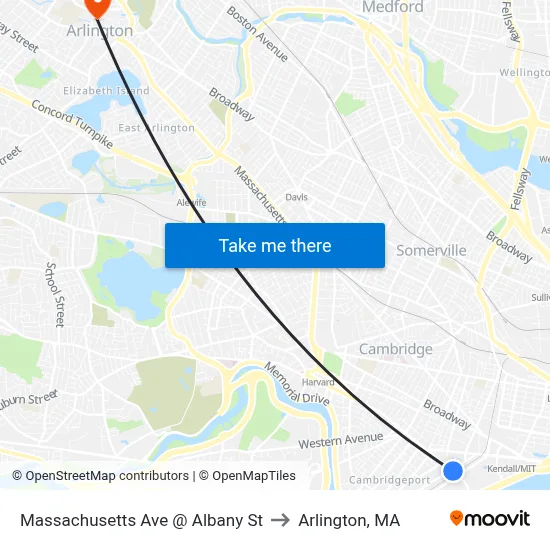 Massachusetts Ave @ Albany St to Arlington, MA map
