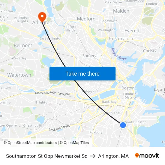 Southampton St Opp Newmarket Sq to Arlington, MA map