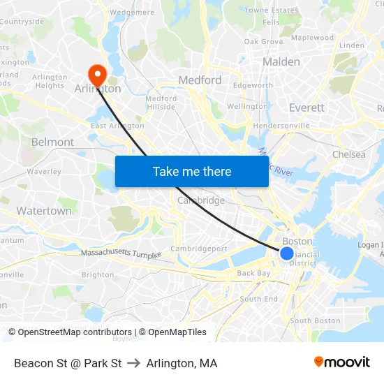 Beacon St @ Park St to Arlington, MA map