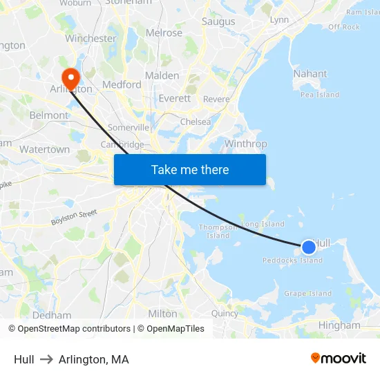 Hull to Arlington, MA map