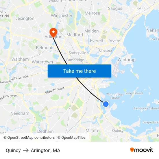 Quincy to Arlington, MA map