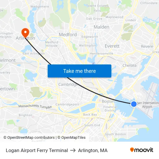 Logan Airport Ferry Terminal to Arlington, MA map