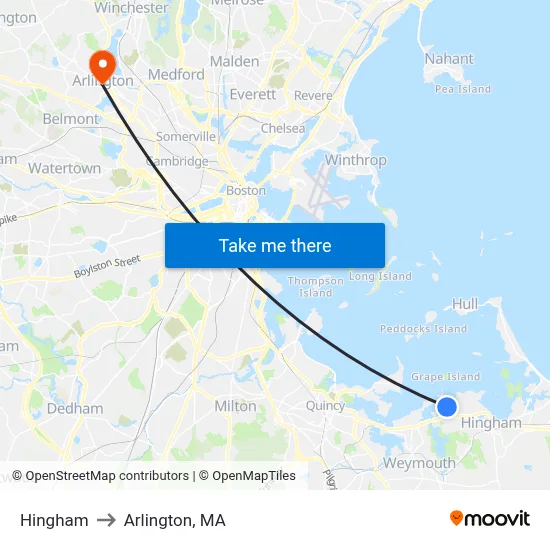 Hingham to Arlington, MA map