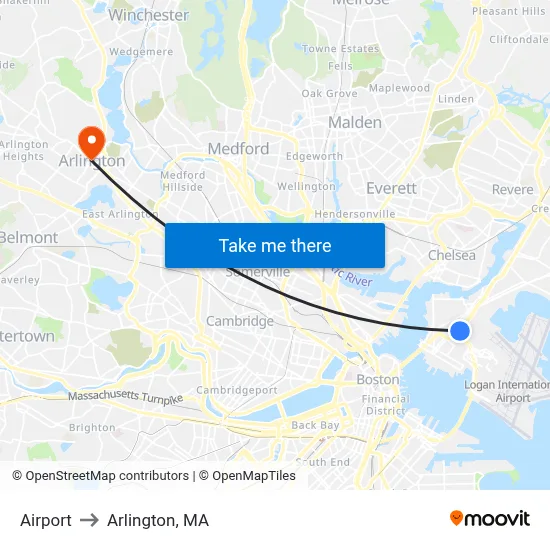 Airport to Arlington, MA map