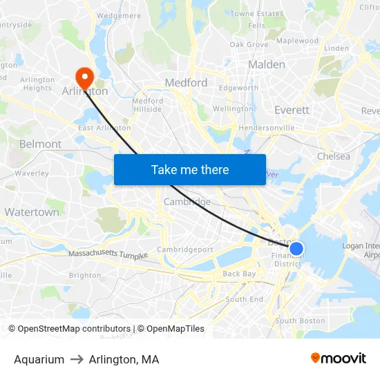 Aquarium to Arlington, MA map