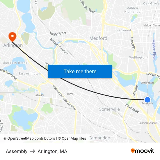 Assembly to Arlington, MA map