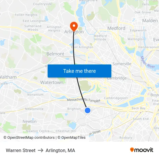 Warren Street to Arlington, MA map