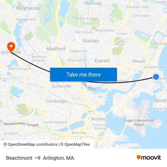 Beachmont to Arlington, MA map