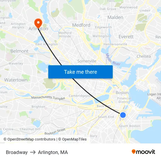 Broadway to Arlington, MA map
