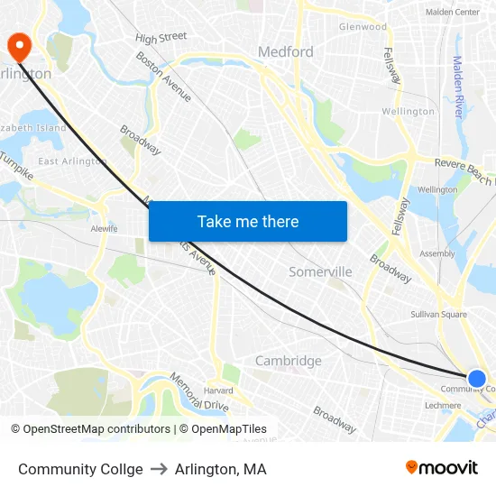 Community Collge to Arlington, MA map