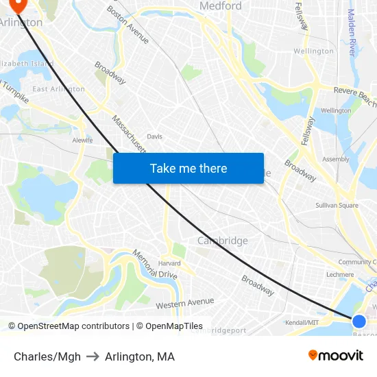 Charles/Mgh to Arlington, MA map