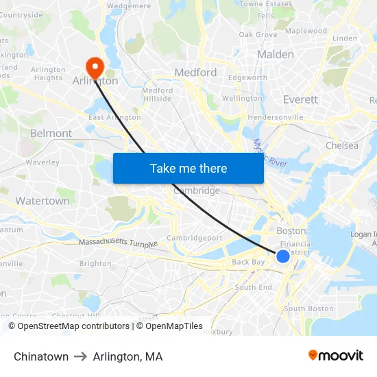 Chinatown to Arlington, MA map