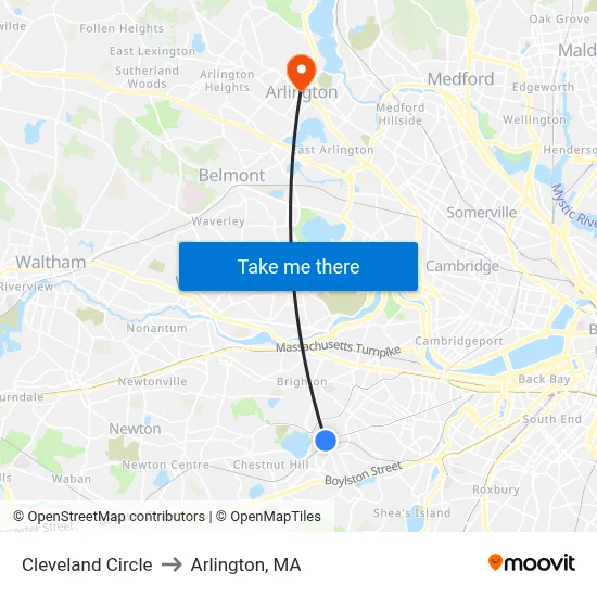 Cleveland Circle to Arlington, MA map