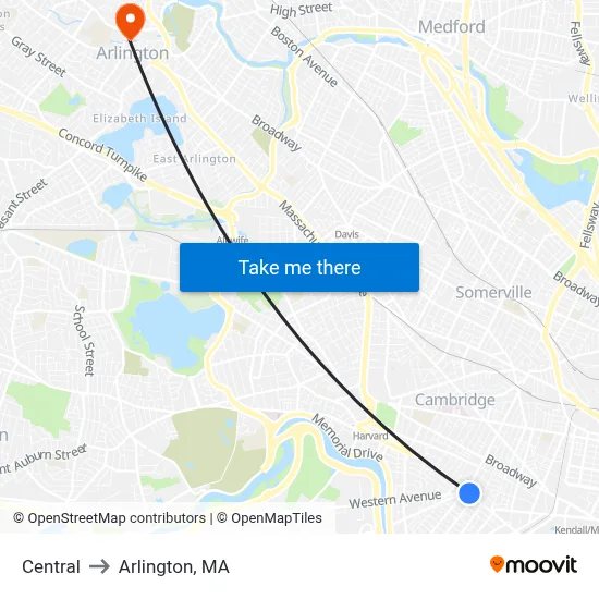 Central to Arlington, MA map