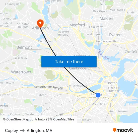 Copley to Arlington, MA map