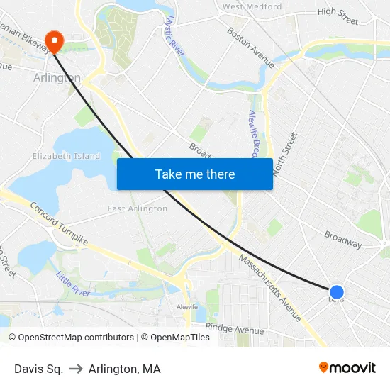 Davis Sq. to Arlington, MA map