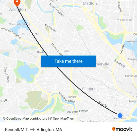 Kendall/MIT to Arlington, MA map