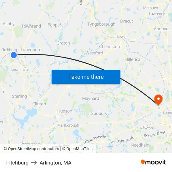 Fitchburg to Arlington, MA map