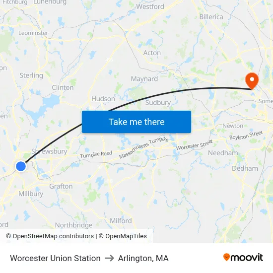 Worcester Union Station to Arlington, MA map