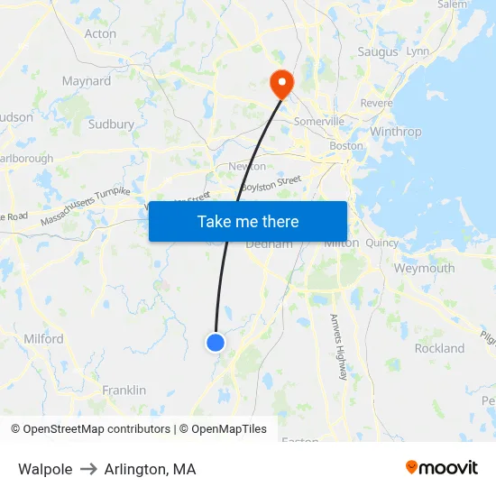 Walpole to Arlington, MA map