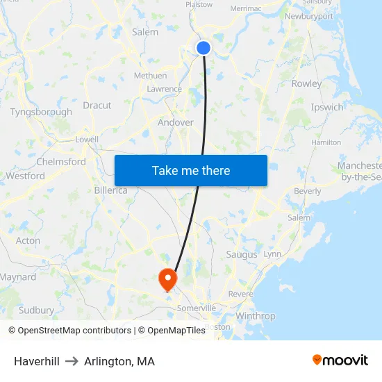Haverhill to Arlington, MA map