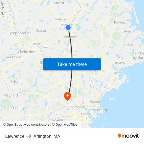 Lawrence to Arlington, MA map