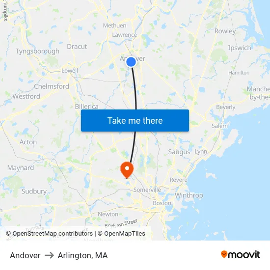 Andover to Arlington, MA map