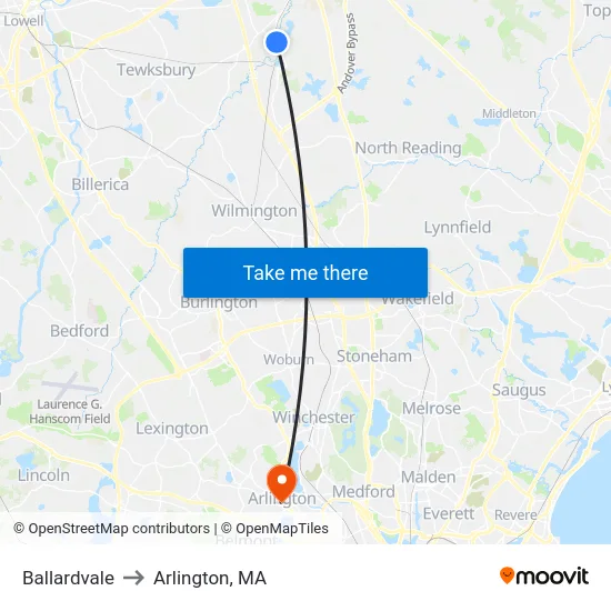 Ballardvale to Arlington, MA map