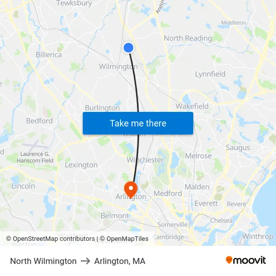 North Wilmington to Arlington, MA map