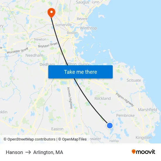 Hanson to Arlington, MA map