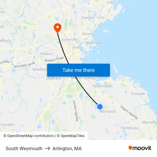 South Weymouth to Arlington, MA map