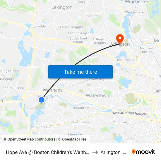Hope Ave @ Boston Children's Waltham to Arlington, MA map