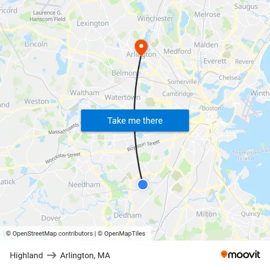 Highland to Arlington, MA map