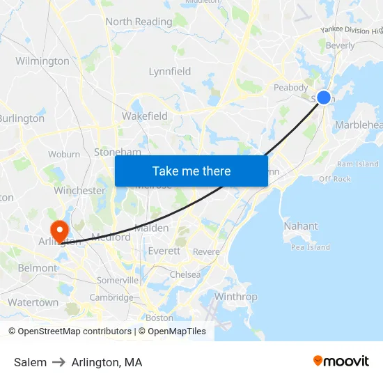 Salem to Arlington, MA map