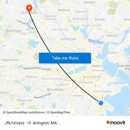 Jfk/Umass to Arlington, MA map