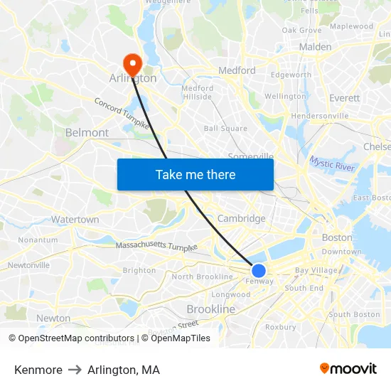 Kenmore to Arlington, MA map