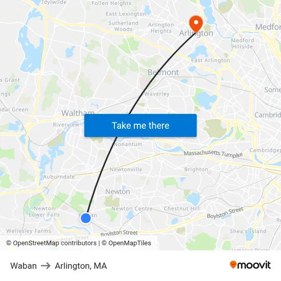 Waban to Arlington, MA map