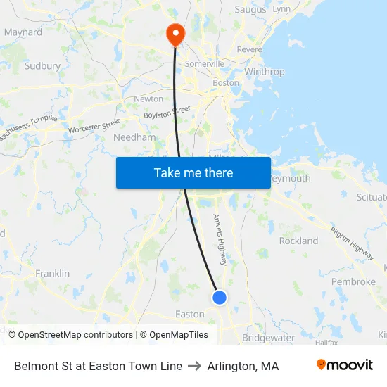 Belmont St at Easton Town Line to Arlington, MA map